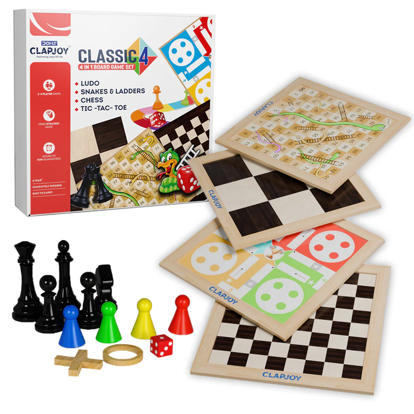 Wooden Classic 4 in 1 Board Game (Ludo & Chess |Snake Ladder & Tic Tac Toe)