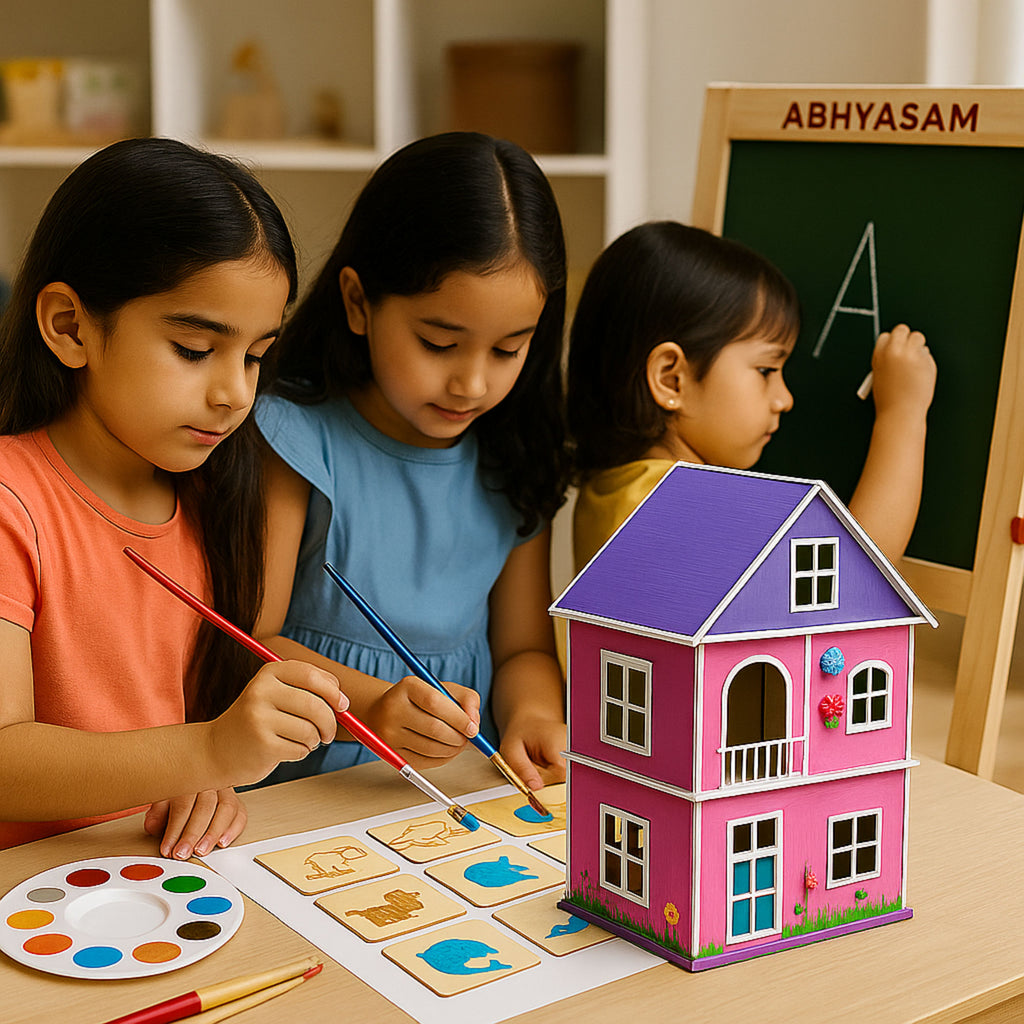 BUY 3 GET 1 FREE Combo: DIY Wooden Toy House+Wooden Drawing Set+Double Sided Learning Board [2m Doodle Art Roll (Free)]